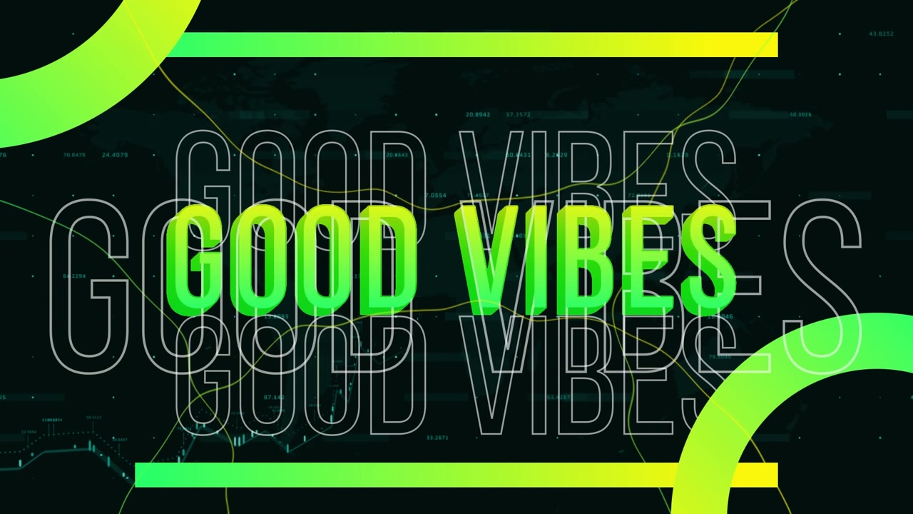 A glowing turquoise background with the words good vibes in green and yellow letters