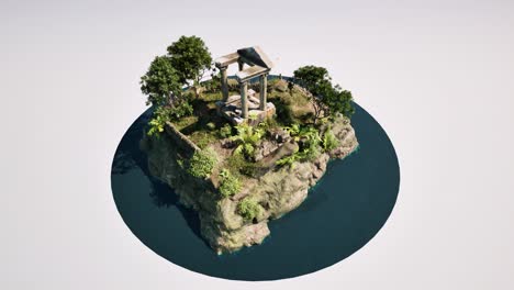 isla recortada en 3d con antiguas ruinas, hierba, árboles y pájaros volando animación en 3d