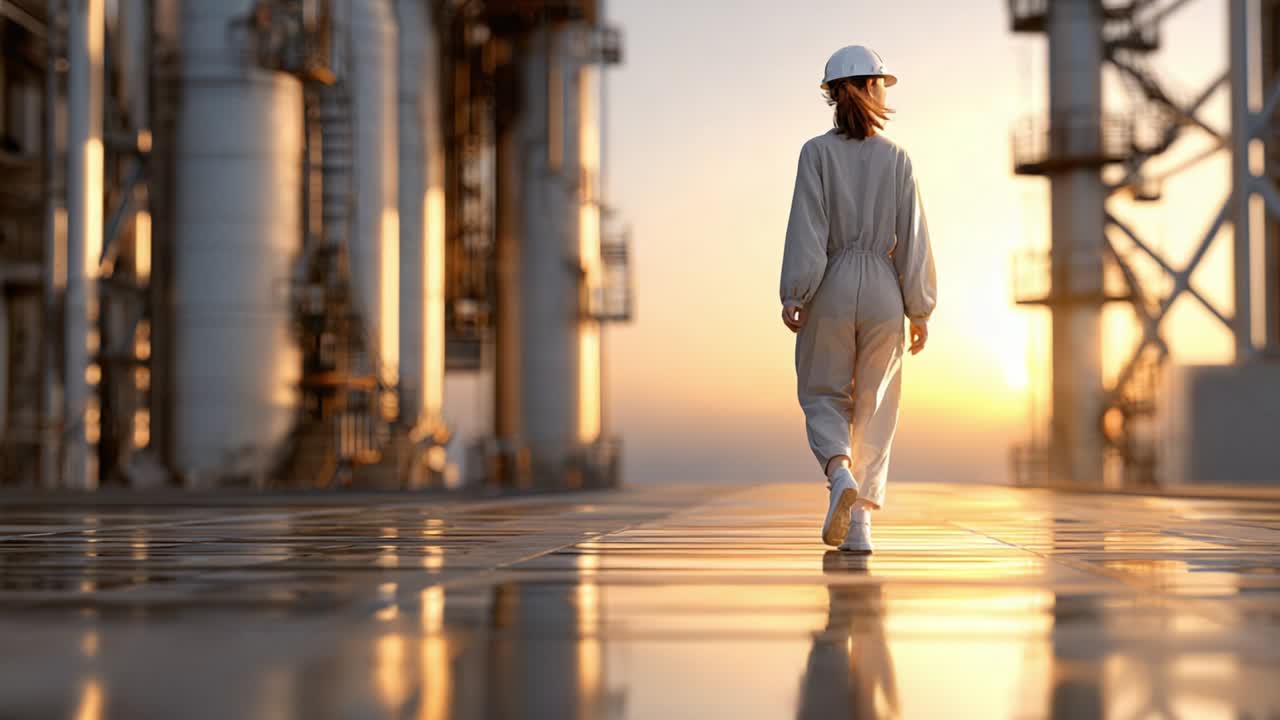 Un travailleur réfléchi portant un casque de protection traverse un environnement industriel, encadré par des silos imposants et baigné par la lueur chaude d’un soleil couchant