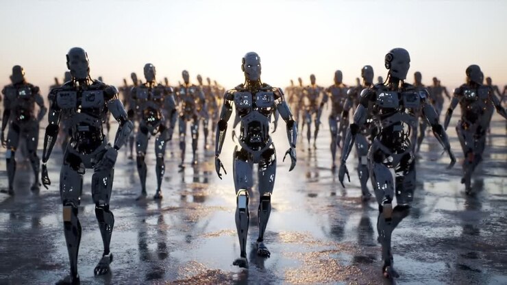 A Futuristic Assembly of Robotic Figures Marching in Unison Across a Reflective Surface at Sunset, Showcasing Advanced AI Technology and Stunning Visuals