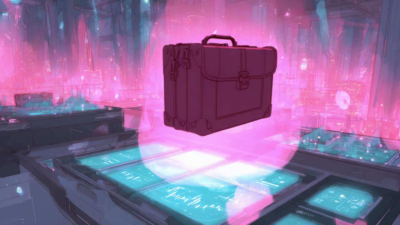 Animated briefcase mysteriously levitating inside a futuristic, high tech control room with glowing holographic screens, creating an atmosphere of sci fi mystery and advanced technology