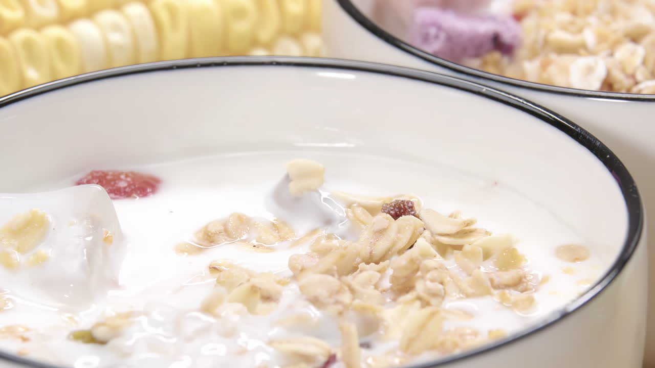 Scena di una colazione rinfrescante e salutare con aggiunta di mandorle tritate o scaglie di cocco a cereali mattutini colorati a forma di stella di yogurt naturale con l'aggiunta di semi di zucca, pubblicità alimentare.