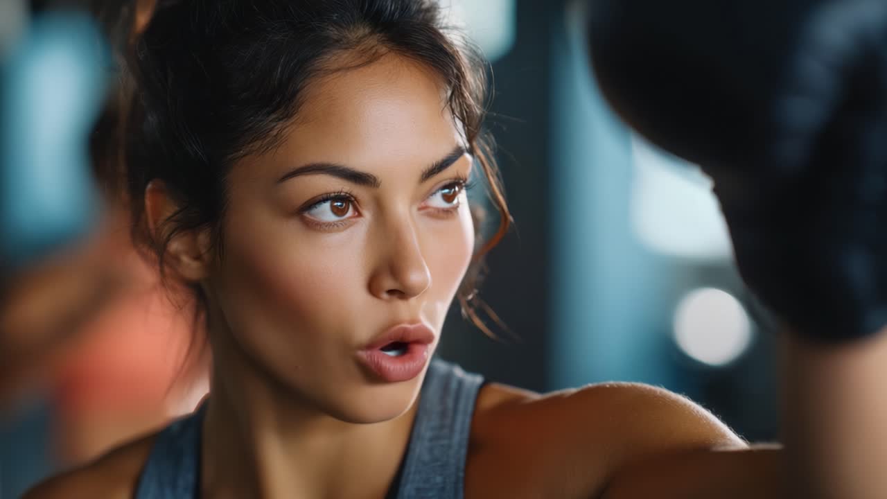 Focused Athlete in Training: Capturing the Determined Expression of a Woman Perfecting Her Boxing Skills with Powerful Stance and Intentionality in the Gym