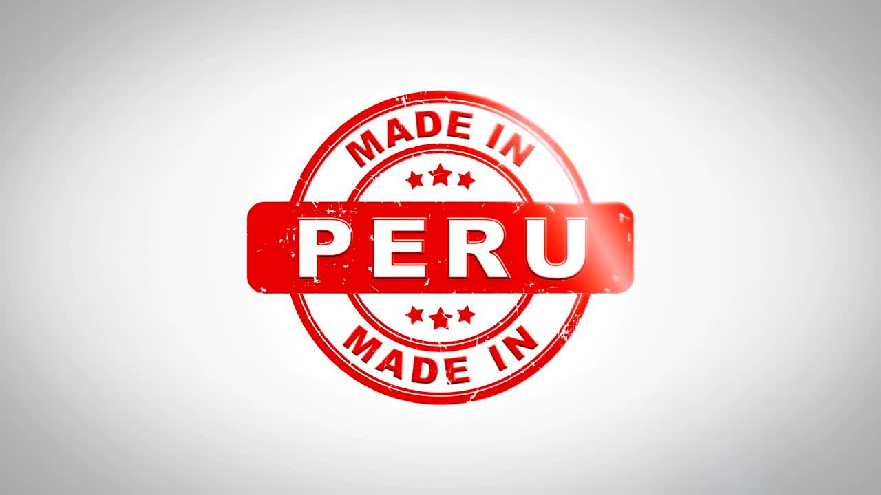 hecho en perú firmado estampado texto estampado animación de sello de madera. tinta roja en papel blanco limpio fondo de superficie con fondo matte verde incluido.