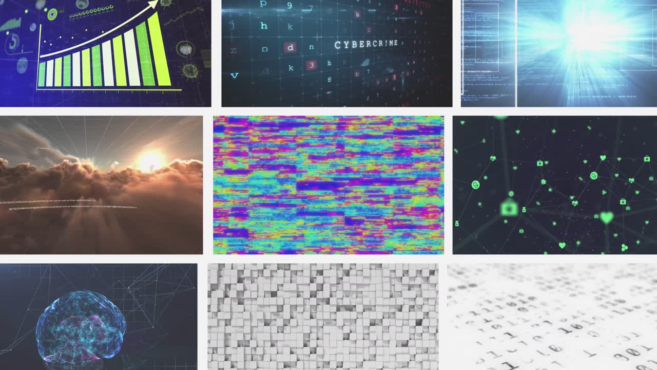 animación de múltiples pantallas con procesamiento de datos contra un fondo blanco