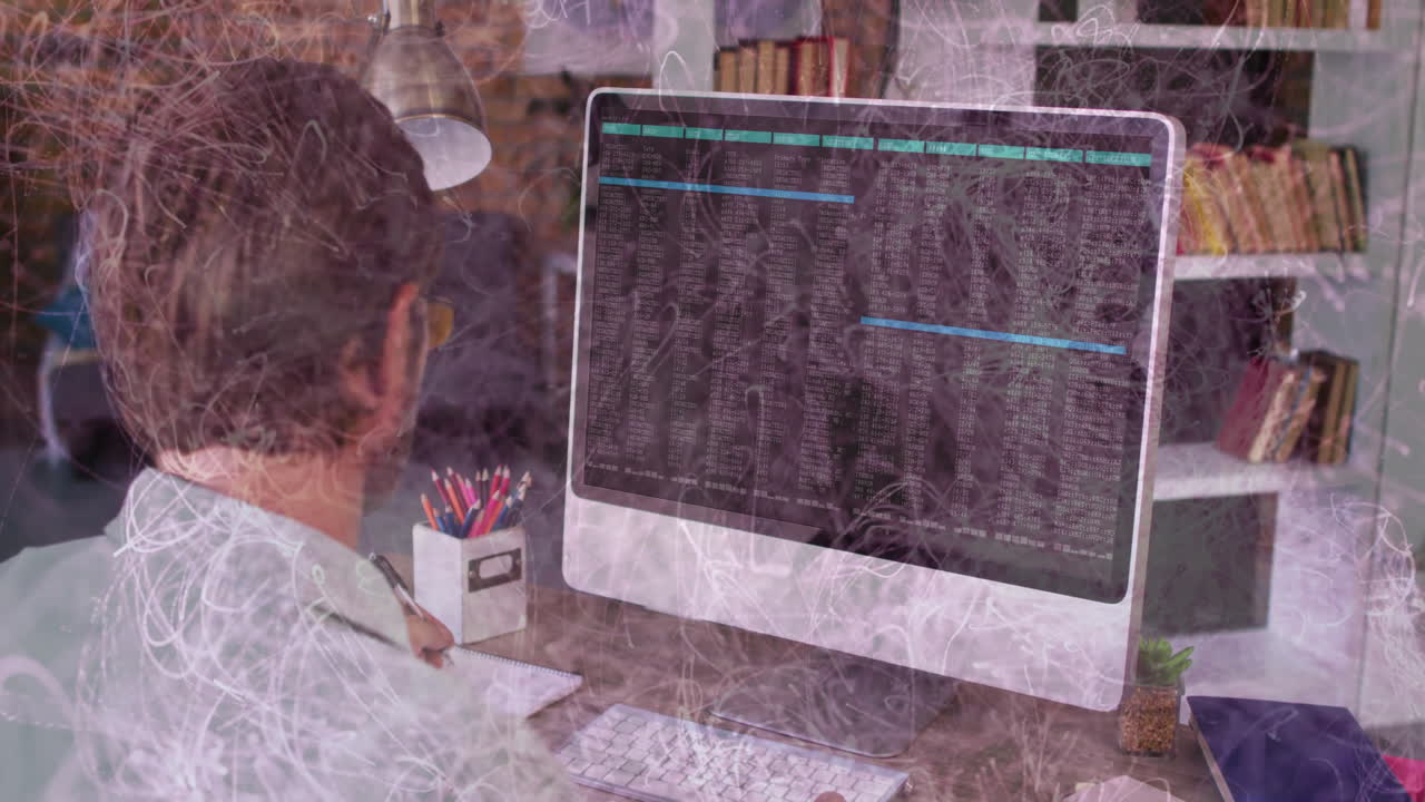 Man writing code notes in home office, with floating data columns and pencil icons