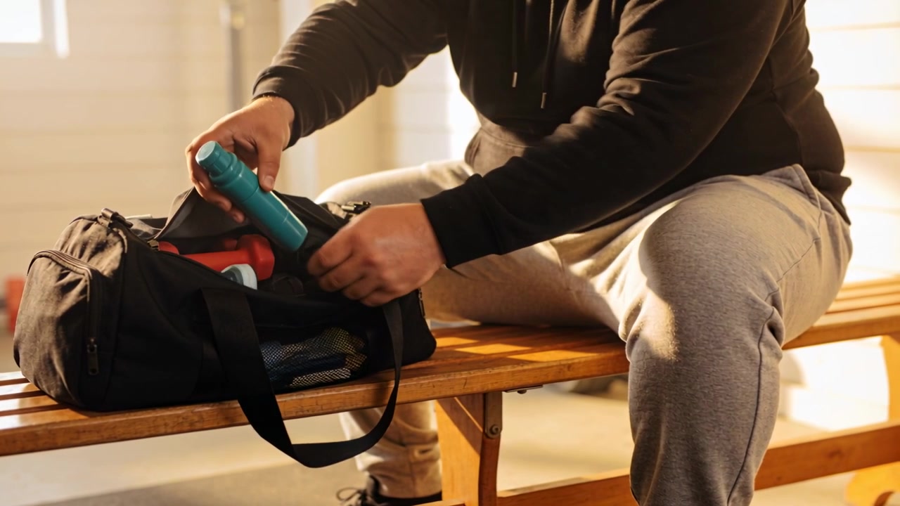 Duduk di bangku gym, pria berhoodie hitam membuka ritsleting tas duffel, mengeluarkan botol pirus, mengamankan tas.