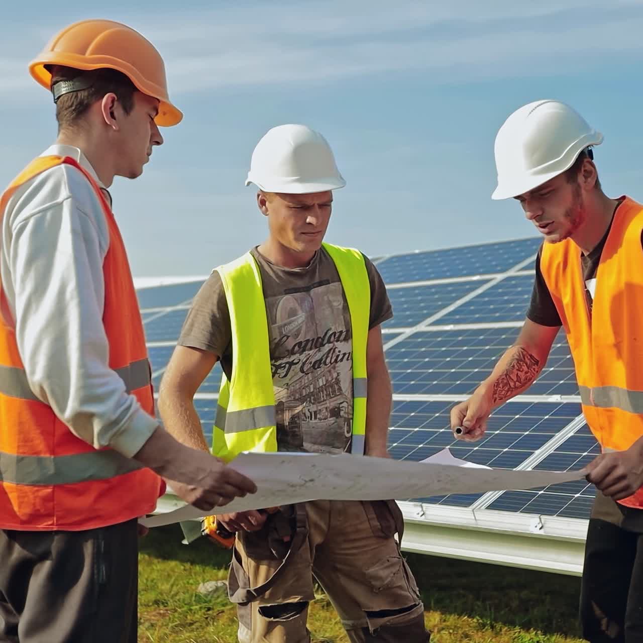 Engineers work at solar panel plant