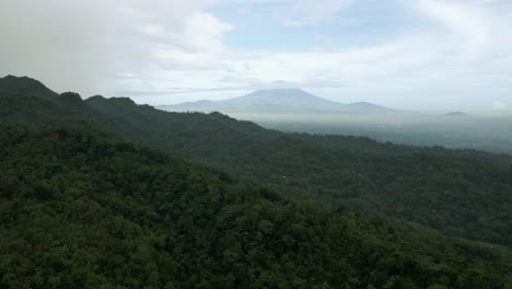 Drone-footage-beautiful-scenery-of-green-forest-on-the-hill-with-mountain-view