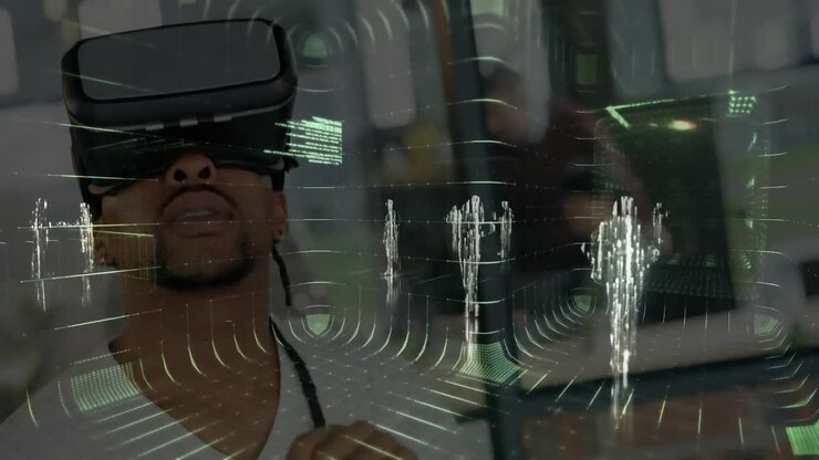 Animation of data processing over man wearing vr headset