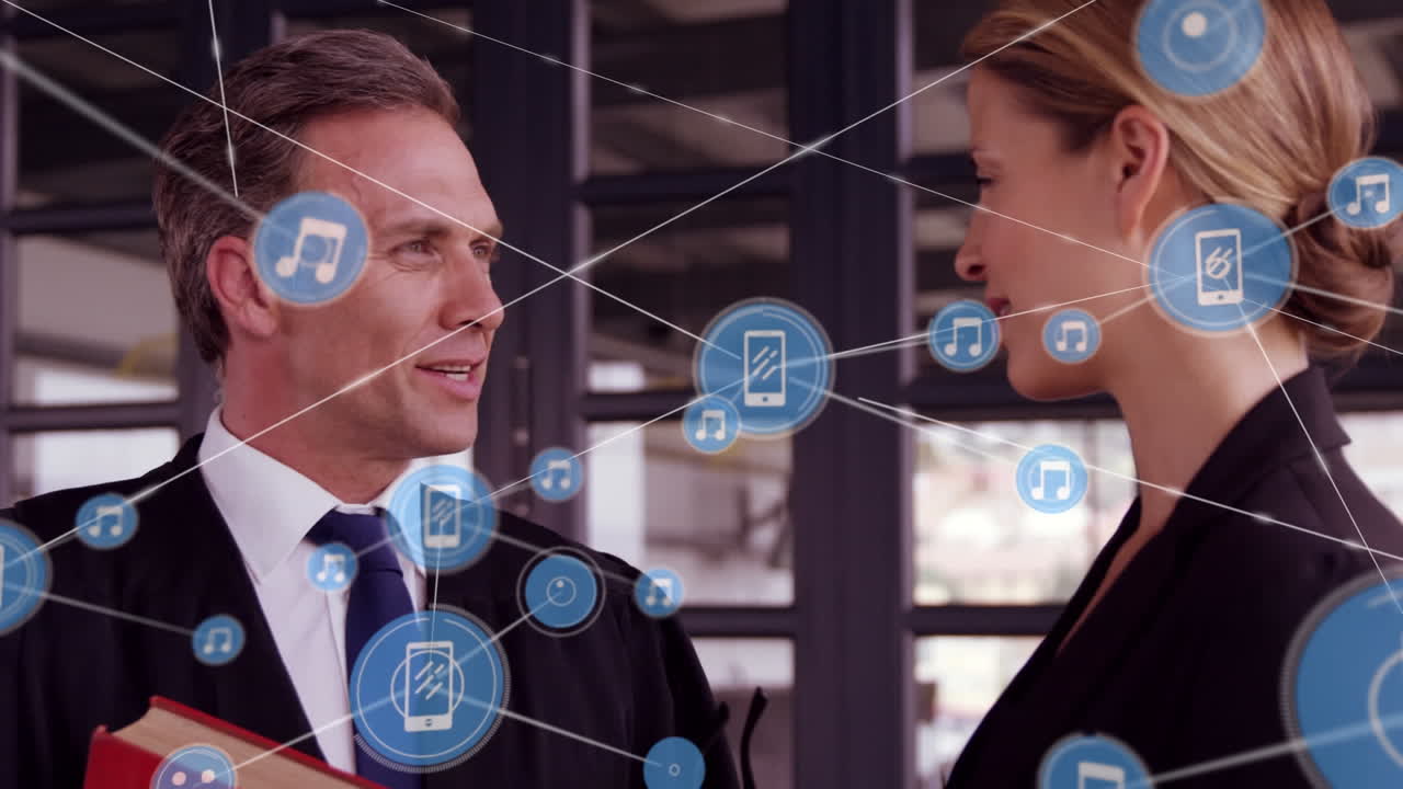 사무실에서 비즈니스 사람들에 대한 아이콘과 연결 네트워크의 애니메이션