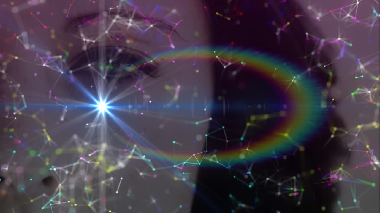 여성의 얼굴 위에 빛나는 반점과 연결 네트워크의 애니메이션