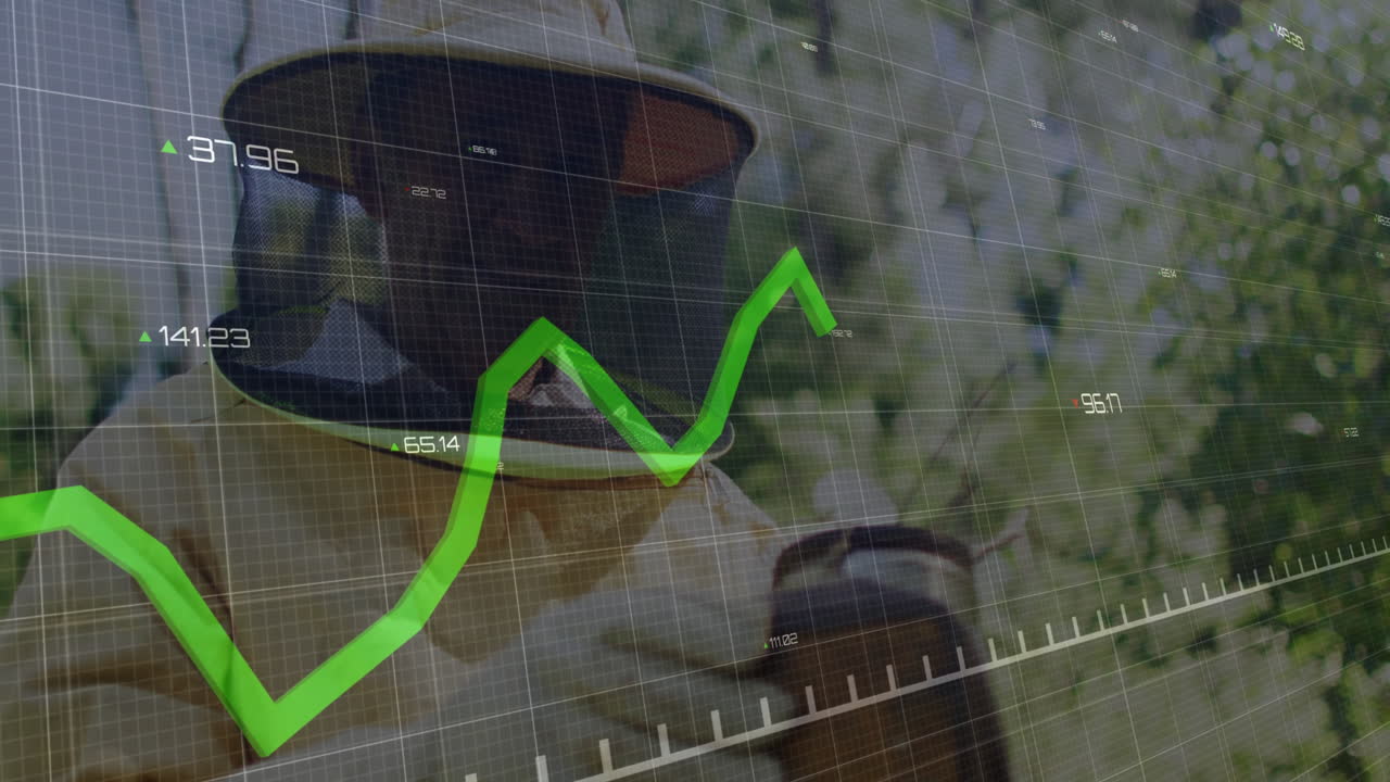 Green financial graph animation over beekeeper working in protective gear