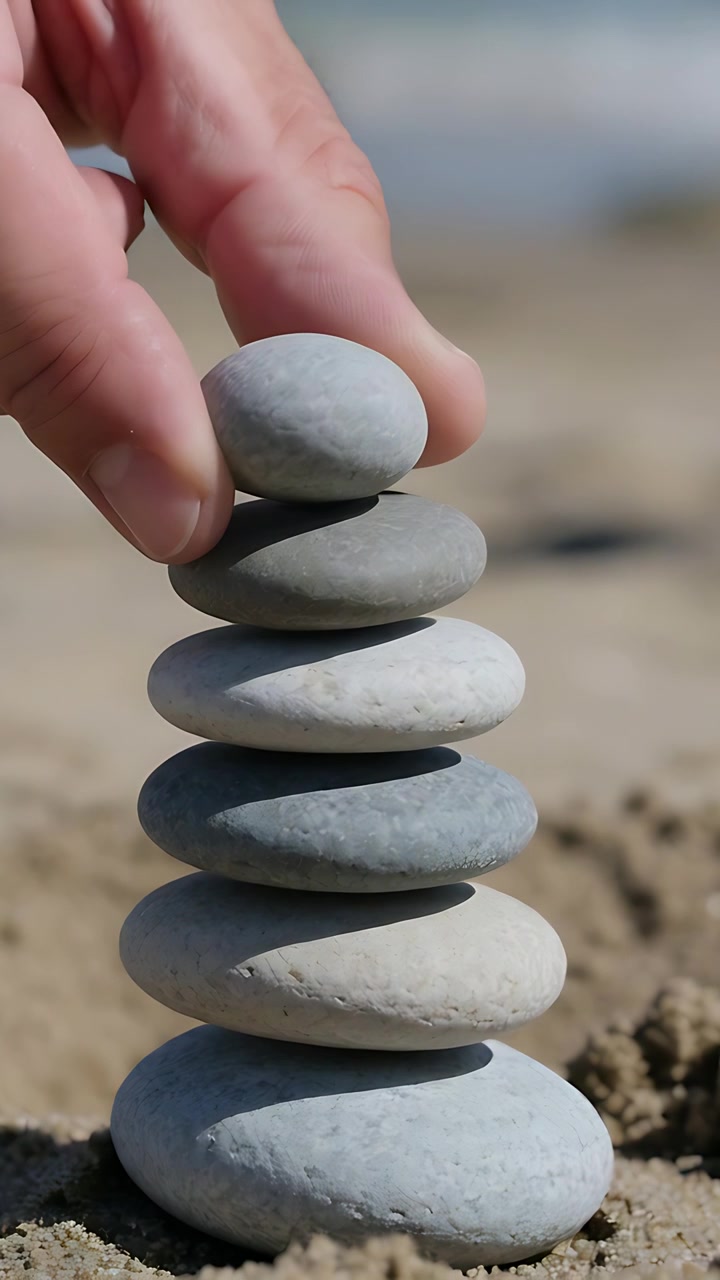 Vertical video: Holding pebble, adult hand lowering it onto stone stack at beach, balancing tower