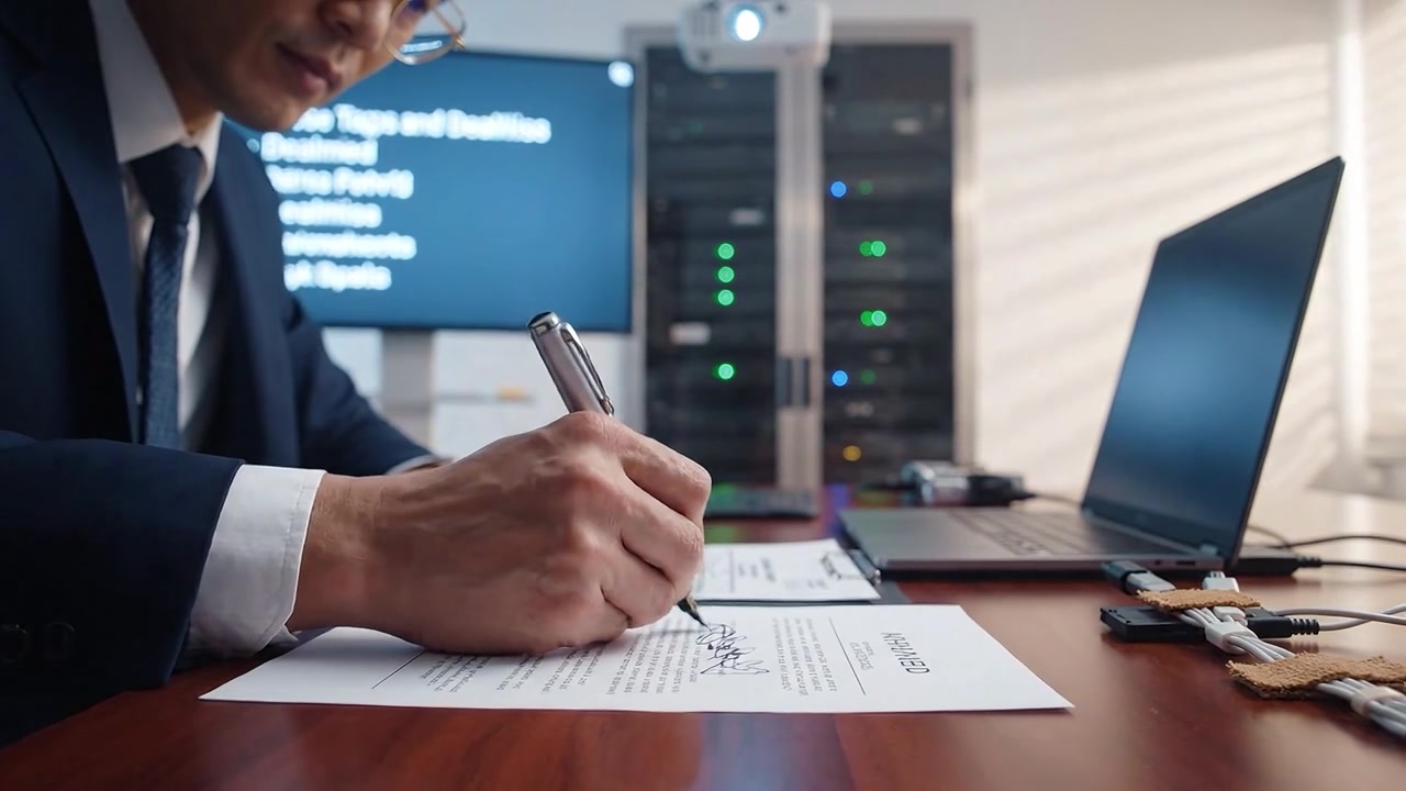 Professional setting with a businessman reviewing documents and signing paperwork, showcasing a modern office environment with technology in the background.