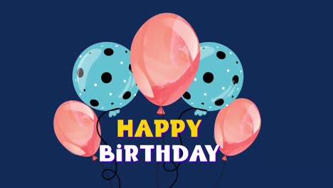 animation of happy birthday text over colorful balloons on blue background