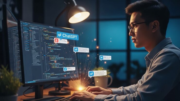 Uno sviluppatore impegnato nella programmazione e nell'utilizzo di ChatGPT per soluzioni di programmazione, in un ambiente notturno sereno con illuminazione ambientale.