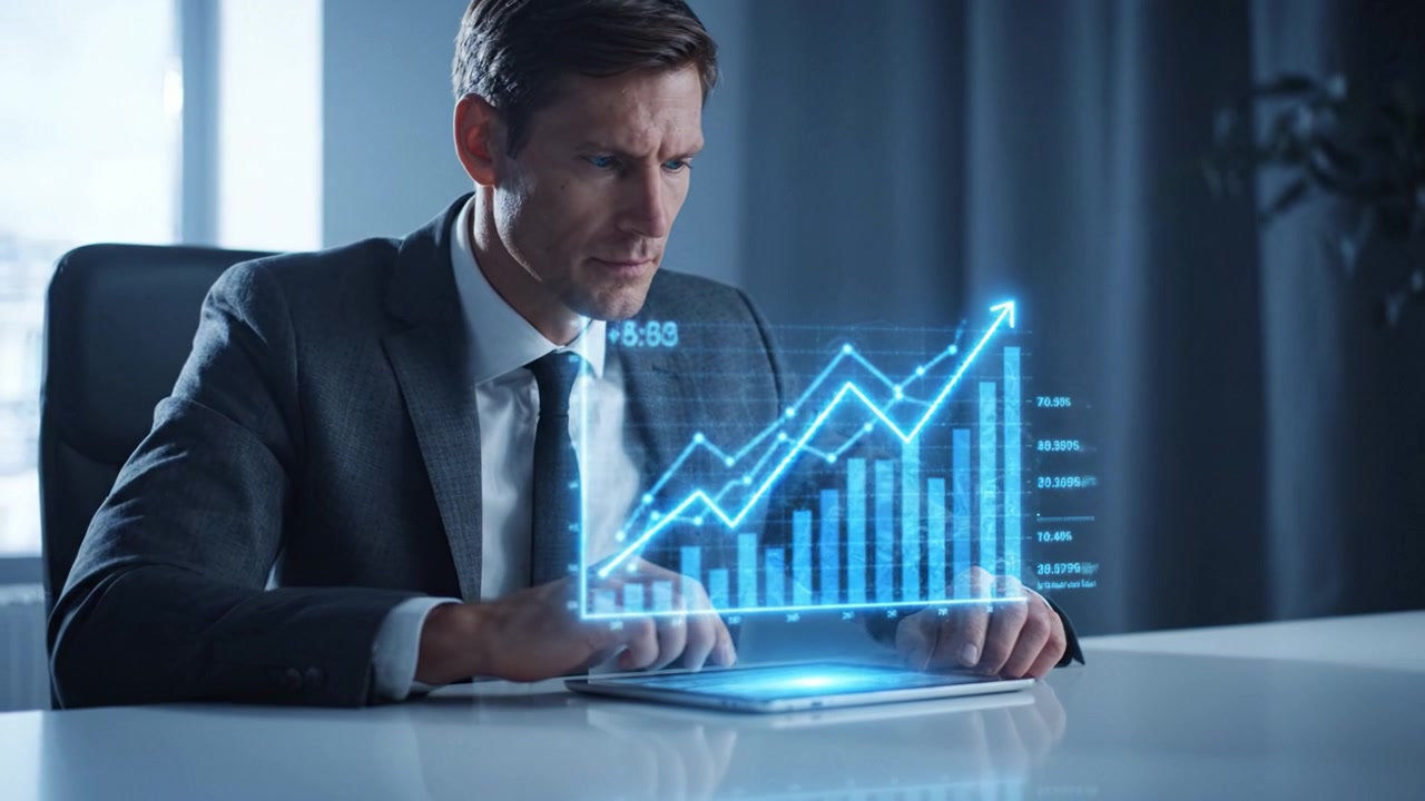 Uomo professionista in abito interagisce con un tablet, analizzando grafici digitali e tendenze dei dati per decisioni aziendali in un moderno ambiente d'ufficio.