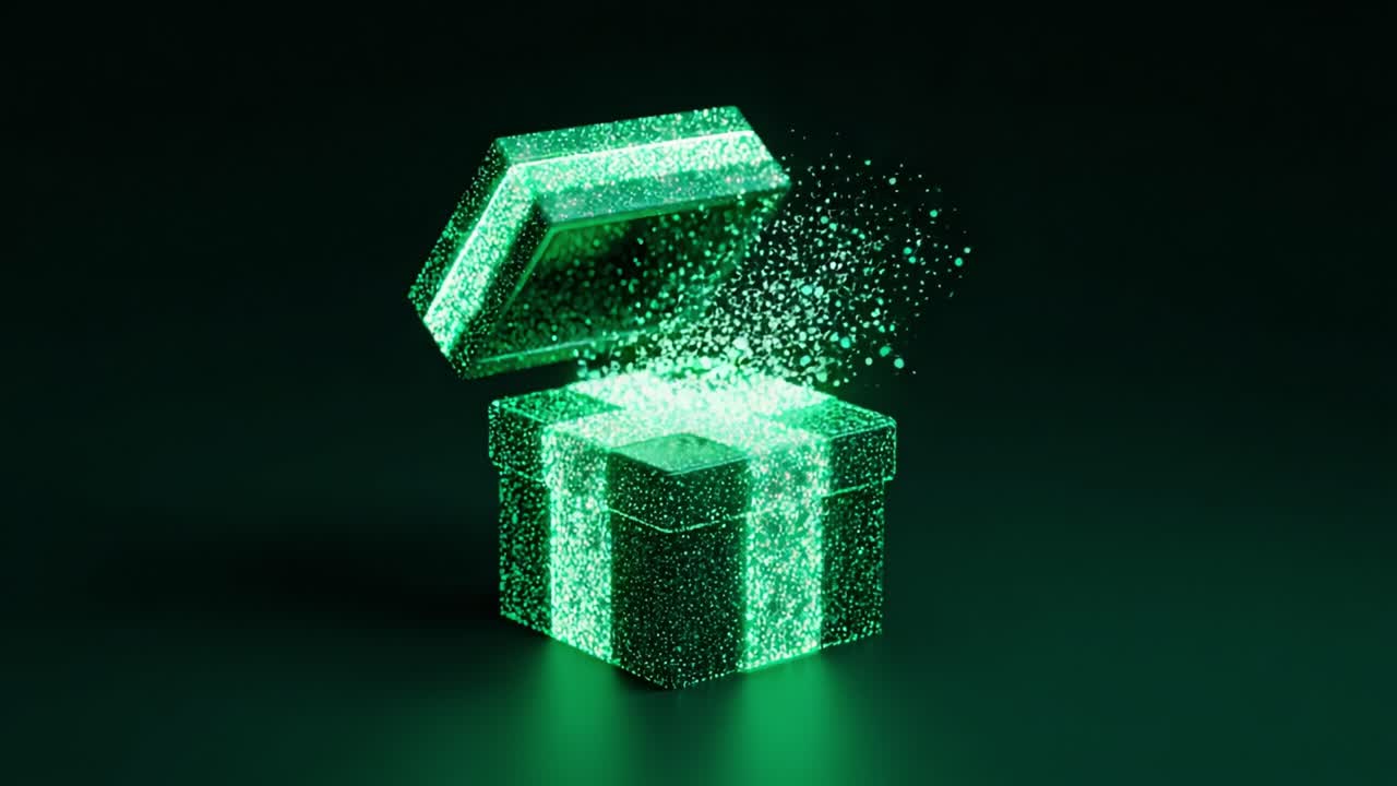 A mesmerizing visual display of a sparkling green gift box that opens to release a magical burst of glittering particles, creating an enchanting atmosphere of surprise and wonder