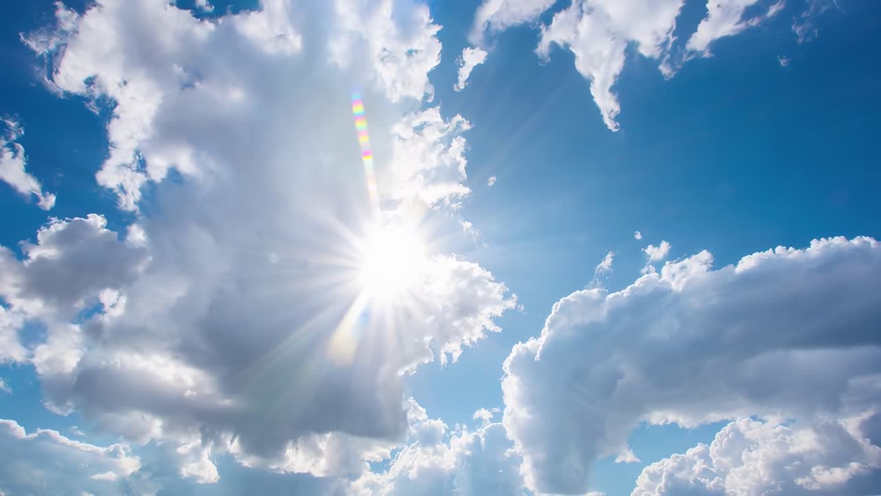 Un video captura una vista de gran angular de un cielo brillante con nubes esponjosas y rayos de sol