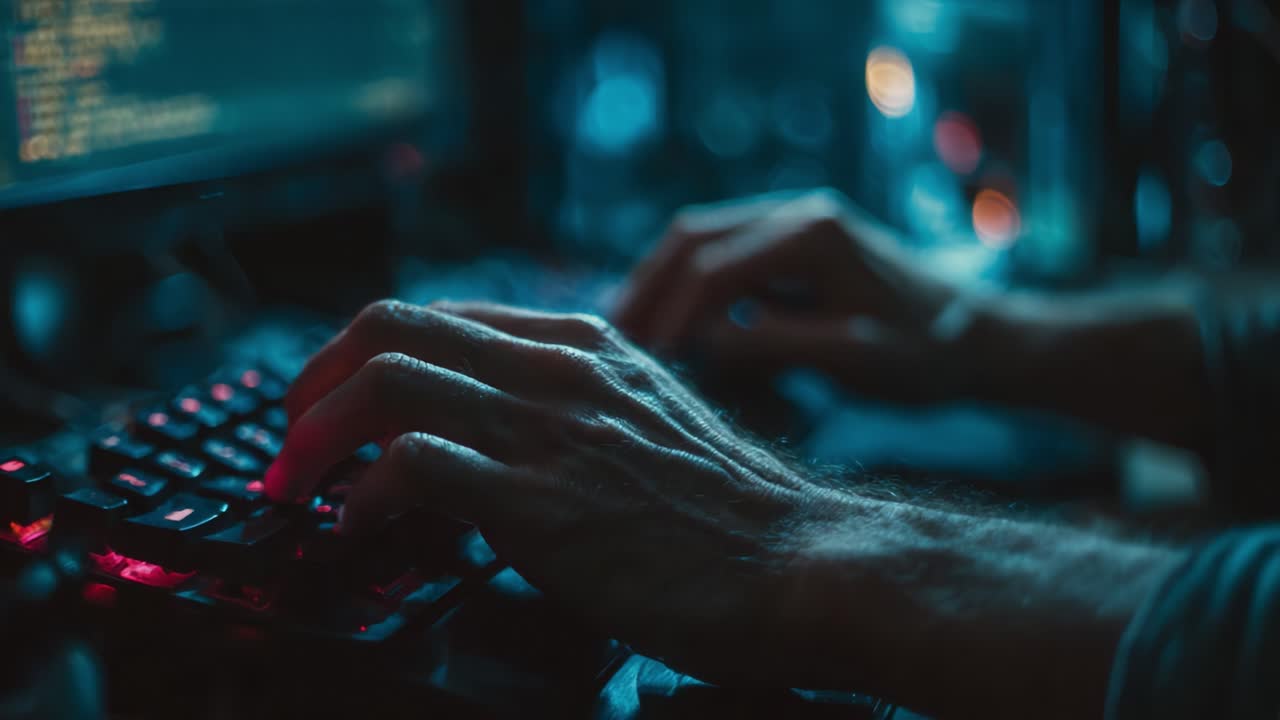A Close-Up View of Hands Typing on a Mechanical Keyboard in a Dimly Lit Environment, Exemplifying the Intricacies of Digital Interaction and Programming Skills
