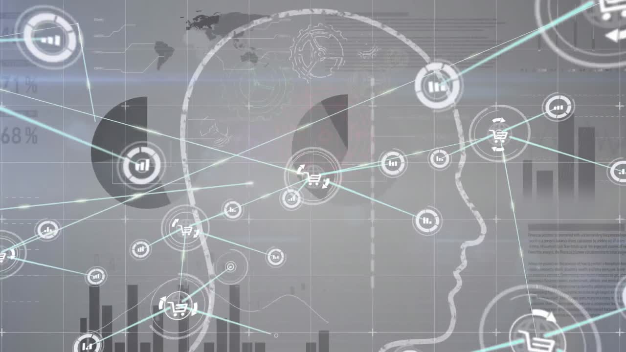 Animation of data processing over network of connections with human head