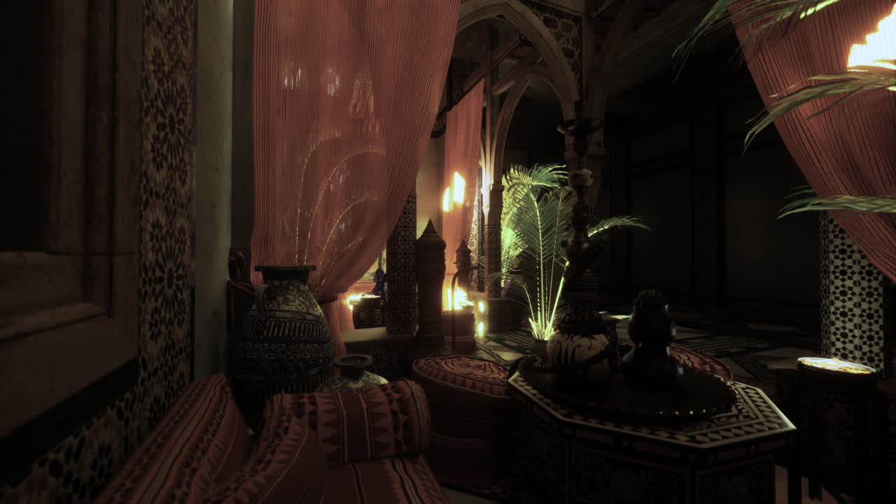 Elegant moroccan interior with intricate design and warm lighting ambiance