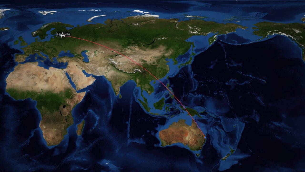 Animazione di una mappa satellitare del mondo che traccia una rotta di volo da Brisbane, Australia a Helsinki, Finlandia
