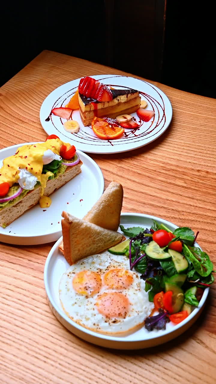 Colorful brunch dishes display. A colorful display of brunch dishes including toast and salad