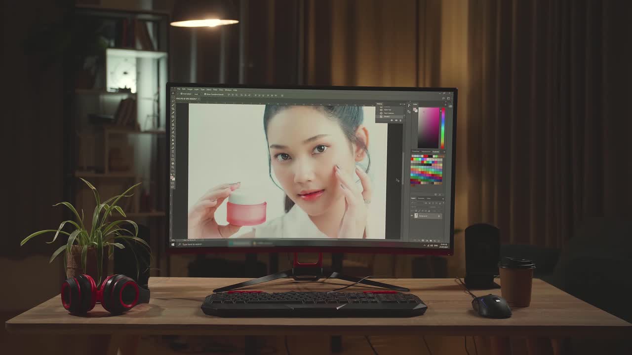 Desk With Photo Editing Software On Personal Computer With Big Display At Night