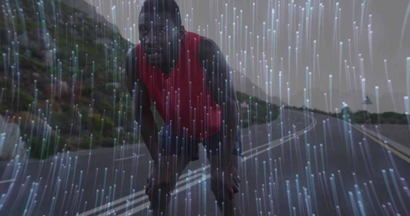 Corridore di fitness che rallenta, si piega e ansima su strada asfaltata, con un overlay di flusso di dati che si muove in primo piano.