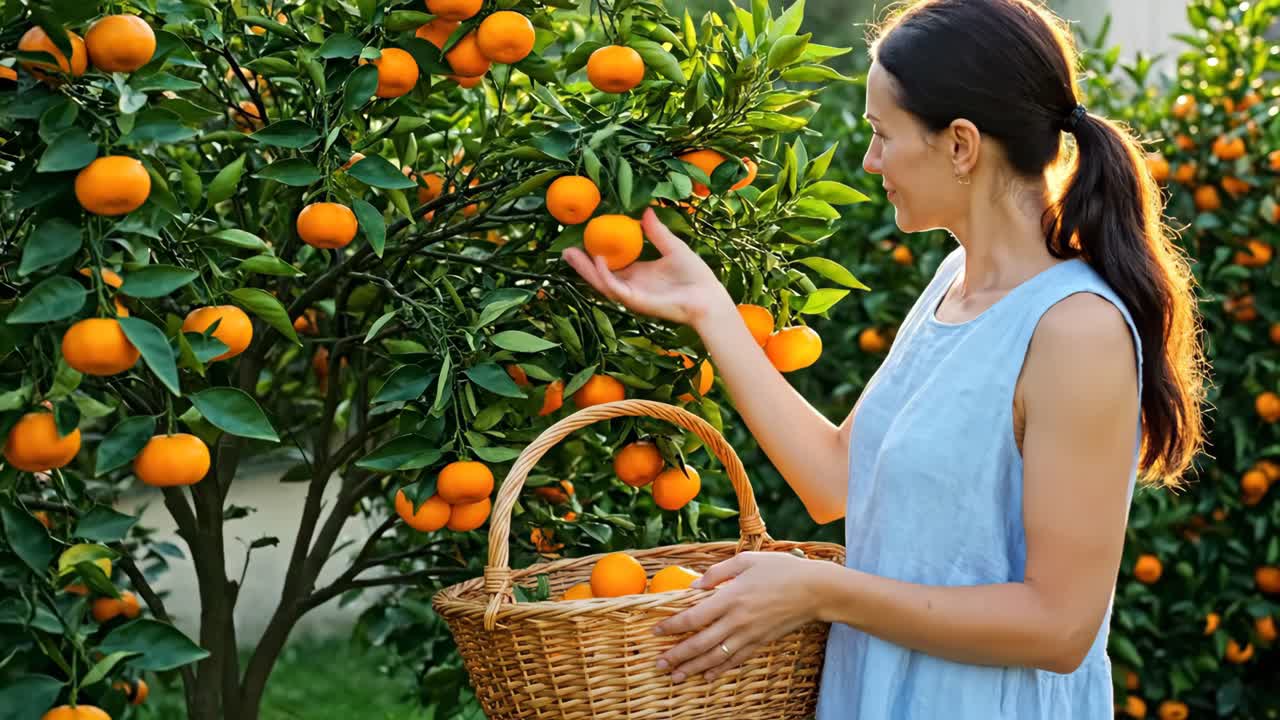 Woman Harvesting Oranges from an Orange Tree
