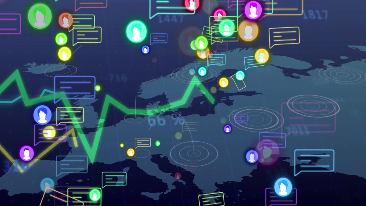 animación de iconos de redes sociales y procesamiento de datos estadísticos sobre el mapa del mundo en fondo azul.