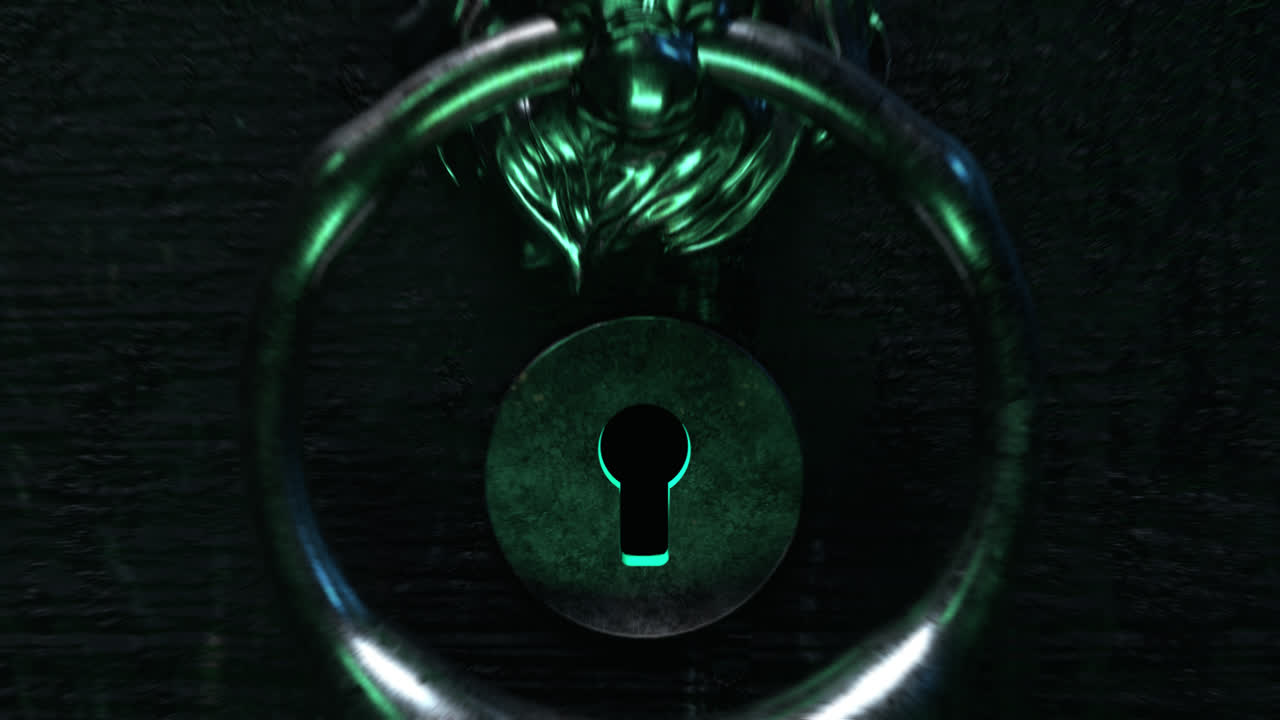 Zoom into a Mysterious Glowing Keyhole on a Dark Door