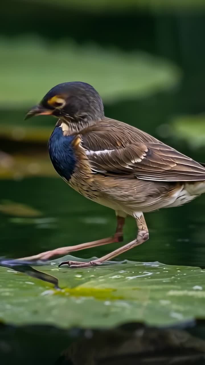 Vídeo vertical: Pássaro marrom-azulado caminhando na água, pisando em vitória-régia na beira da lagoa, bebendo.