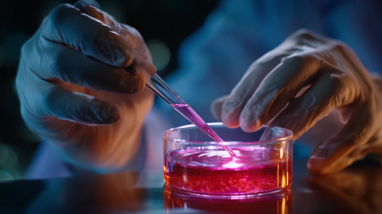 Sperimentazione Biotecnologica: Una Mano Guantata Esegue un Trasferimento Preciso di Liquido con una Pipetta in una Capsula di Petri dai Colori Vivaci per Analisi Scientifica