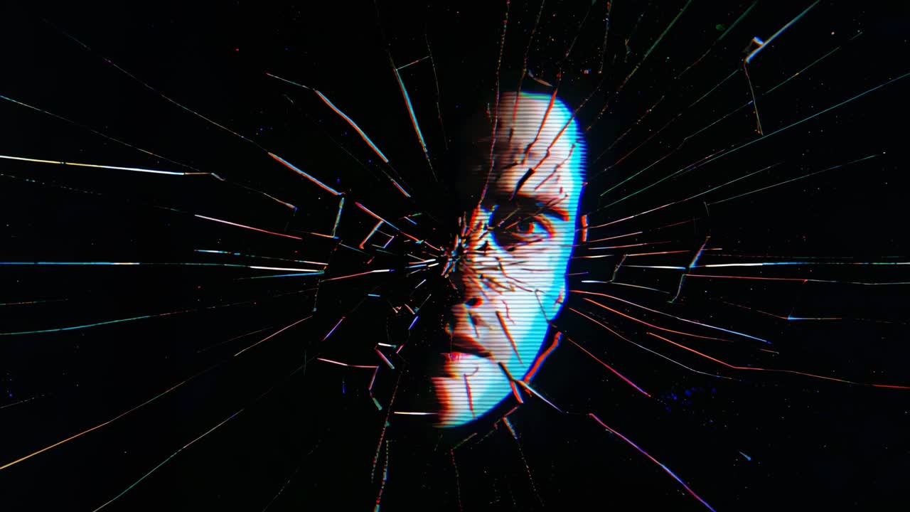 Impacting shattered glass man emerging through crack studio showing alert focus blue-red rim light