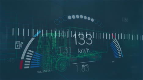 Animation-Der-Finanzdatenverarbeitung-Und-Des-Autopanels-über-Dem-Digitalen-LKW-Modell