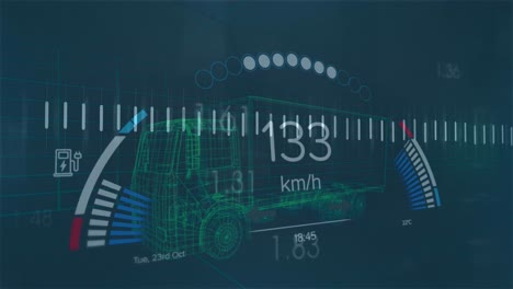 animación del procesamiento de datos financieros y el panel del coche sobre el modelo digital de camión