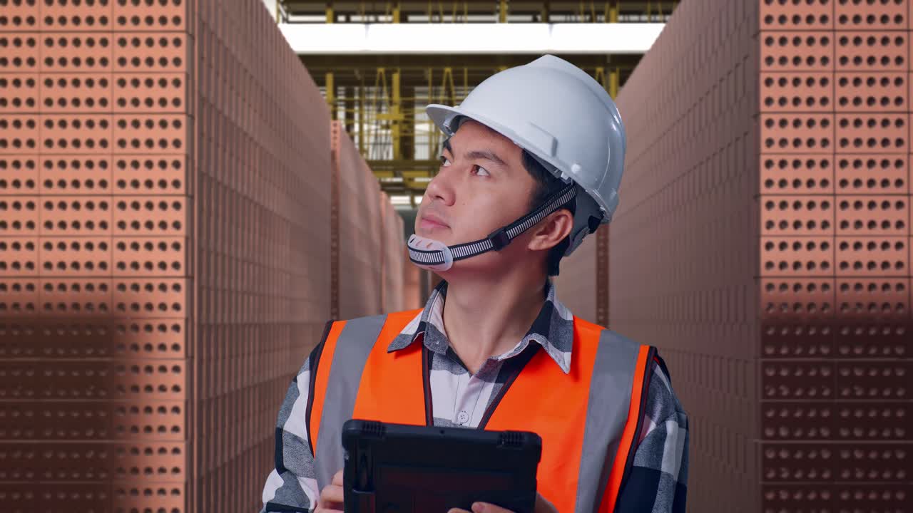 Close Up Of Asian Male Engineer With Safety Helmet Looking At The Tablet In His Hand And Looking Around While Standing With Red Brick Packed in Stacks Are Stored
