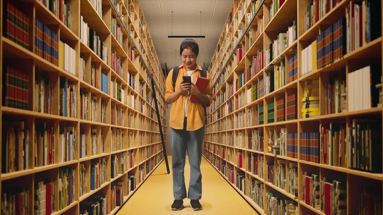 cuerpo lleno de estudiante mujer asiática con una mochila y algunos libros sonriendo y usando un teléfono inteligente mientras estaba de pie en la biblioteca