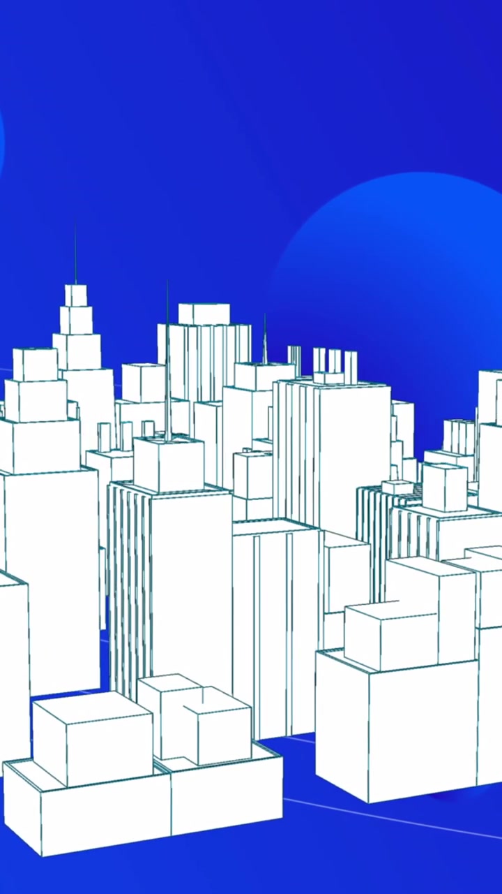 Animazione di macchie e città digitale su sfondo blu