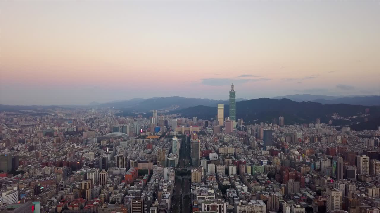 taiwán puesta de sol taipei paisaje urbano centro famosa torre panorama aéreo 4k