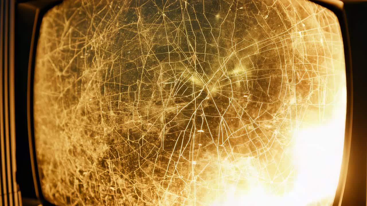 Catturando un caldo bagliore dal bordo destro, un display incrinato rivela crepe a ragnatela e polvere in primo piano
