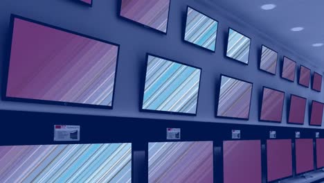 Animation-of-rows-of-television-sets-in-store-with-glowing-screens-with-copy-space