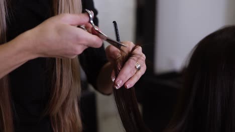 closeup of skilled hairdresser with french manicure cuts client brown hair ends with new metal scissors using a special technique. professional stylist taking care of clients ends. slow motion