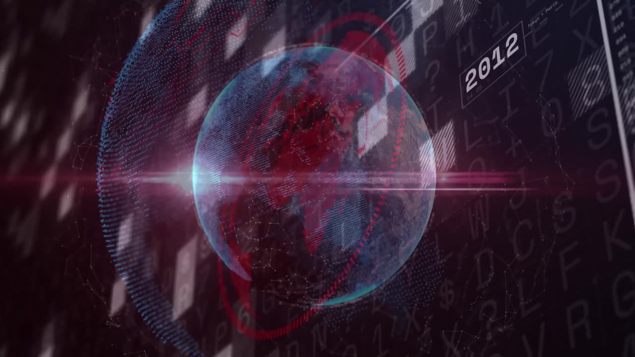 animación de un punto de luz sobre un globo giratorio contra la interfaz con el procesamiento de datos.