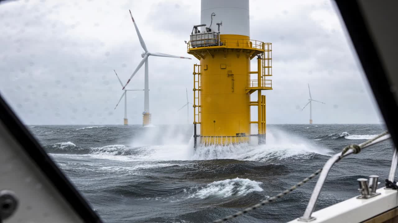 Cruising boat filming yellow turbine monopile taking wave hit at offshore wind farm from bow window