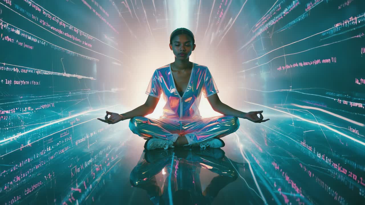 Person Meditating in a Futuristic Digital Code Stream