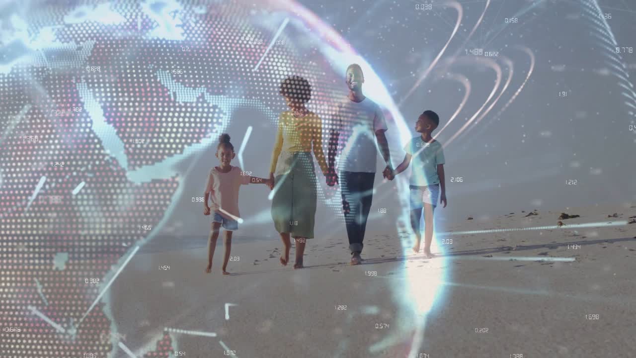 Family moving toward lens on beach, parents leading kids while globe pulsing data streaks over them